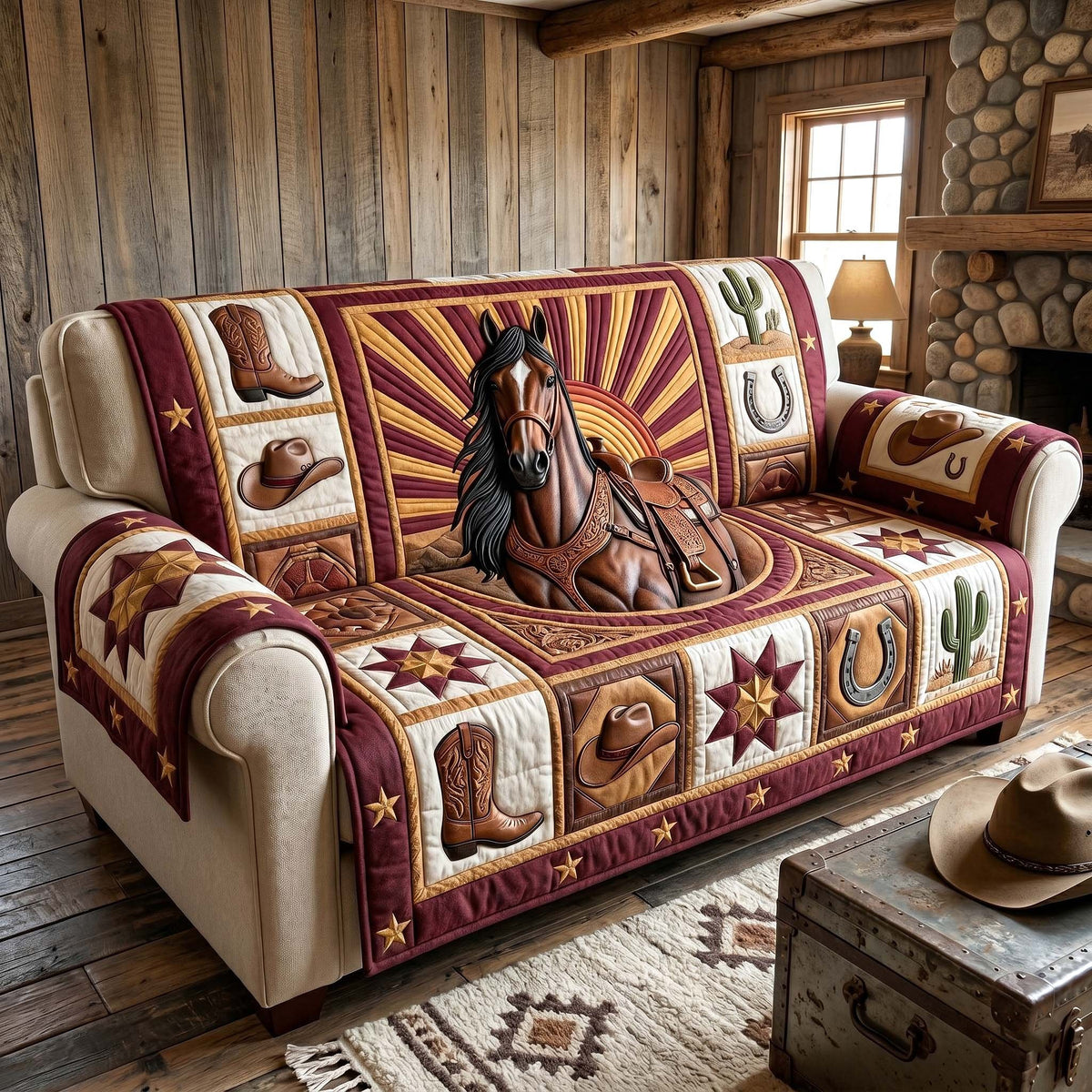 Horse Before the Sunburst with Boots Sofa Cover