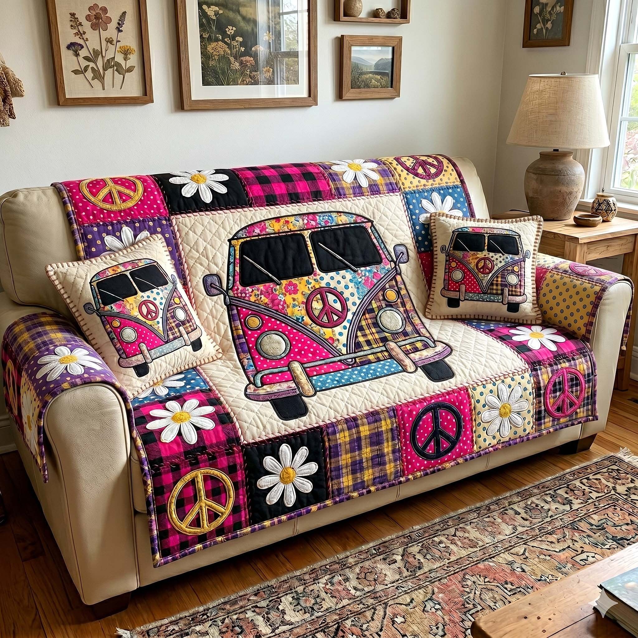 Pink Hippie Van with White Daisies Sofa Cover