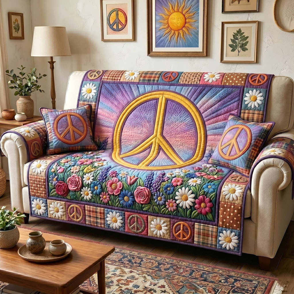 Yellow Peace Sign Above the Flowers Sofa Cover