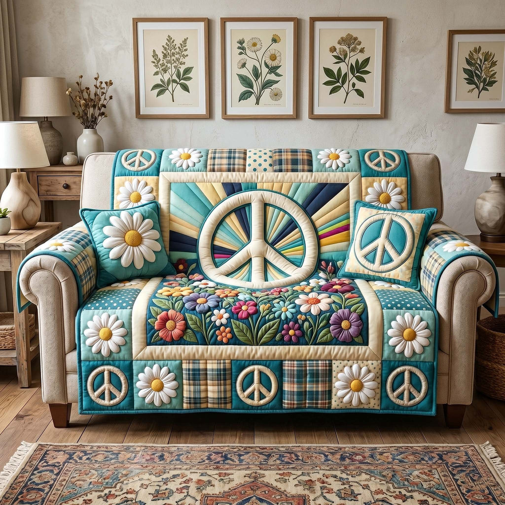 White Peace Sign with Daisies Sofa Cover