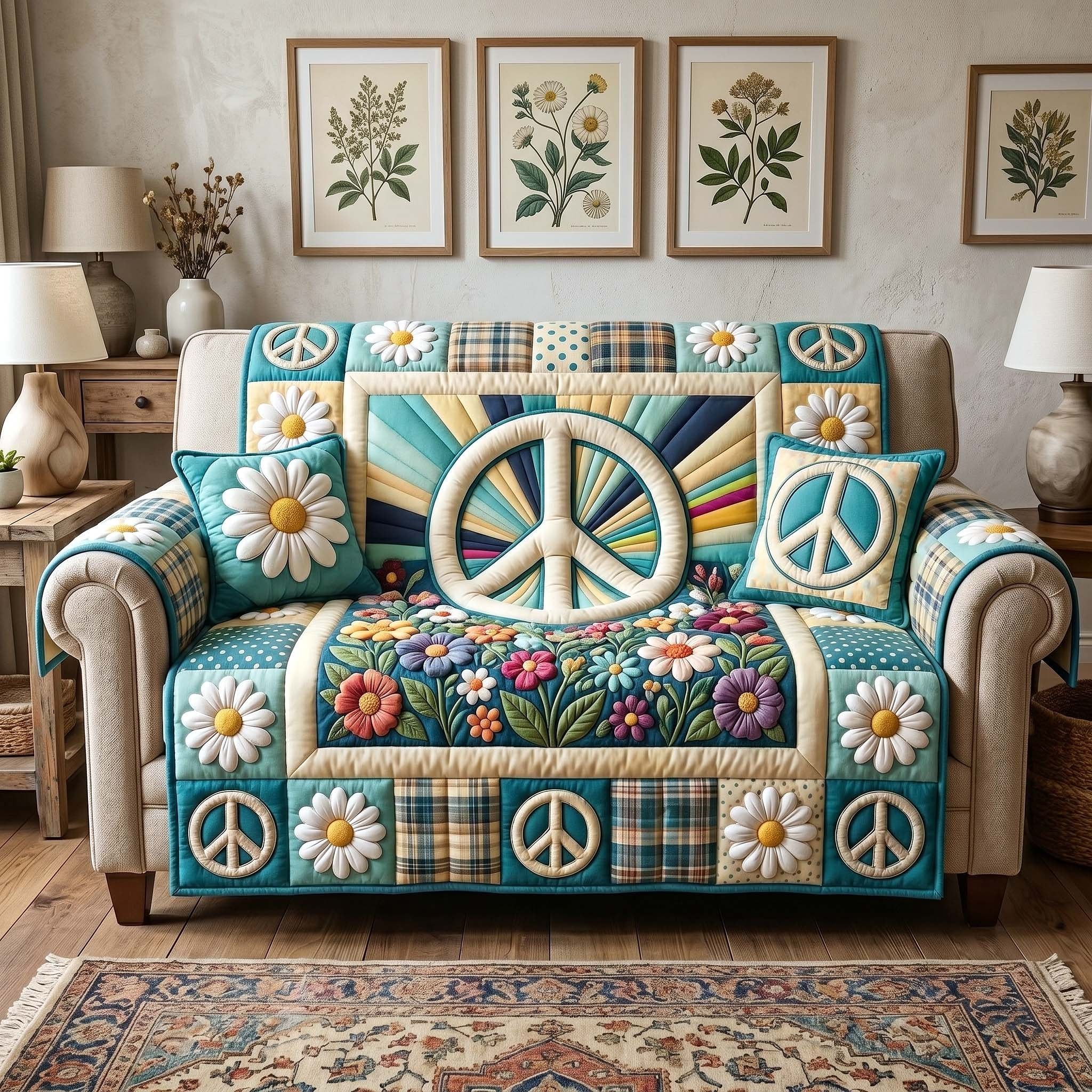 White Peace Sign with Daisies Sofa Cover
