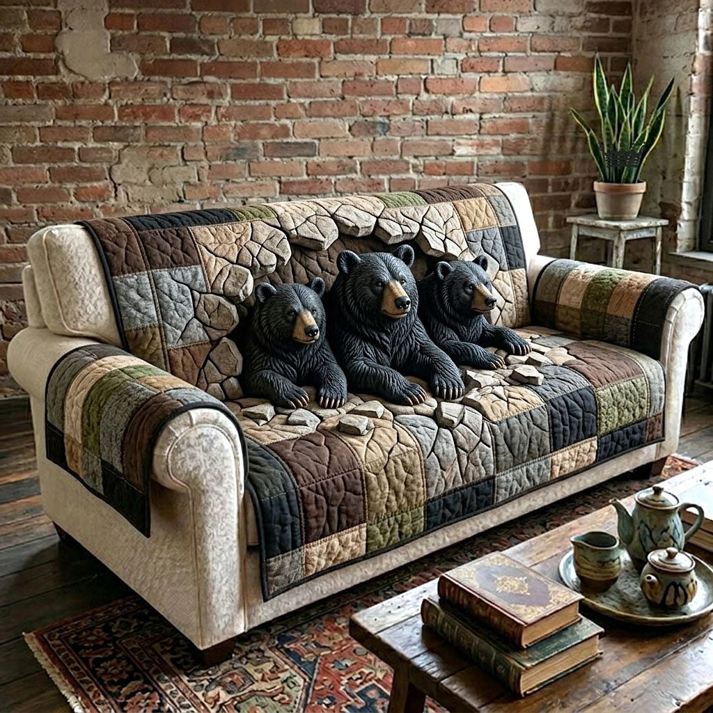 Three Black Bears on Stone Wall Sofa Cover