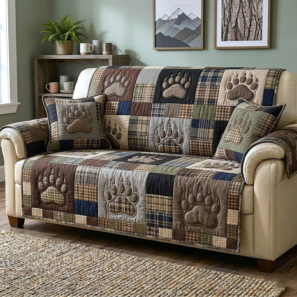 Bear Paws on Grey Plaid Sofa Cover