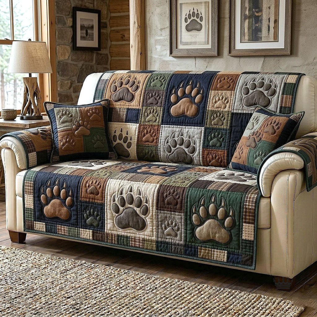 Bear Paws on Brown and Blue Sofa Cover