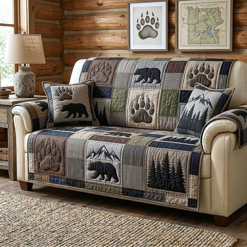 Bear and Mountain Blocks in Grey Sofa Cover