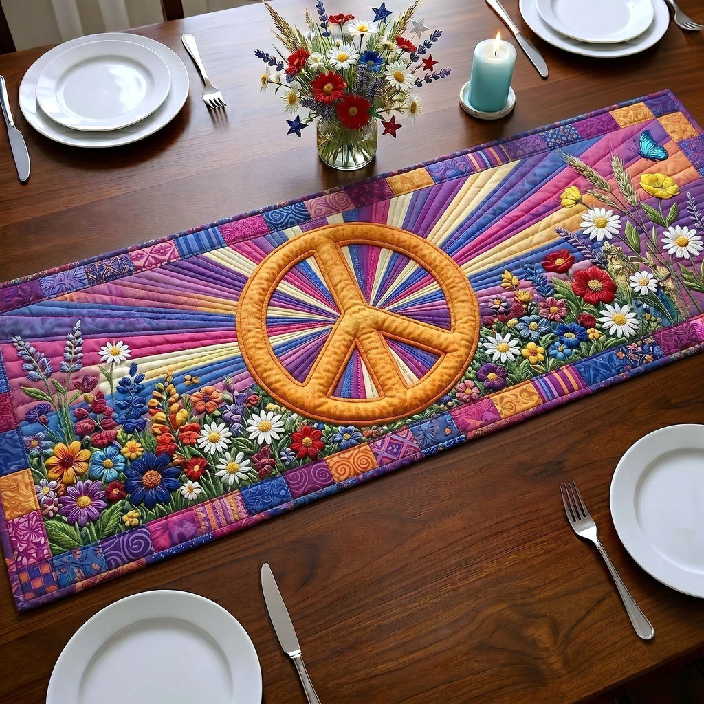 Orange Peace Sign on Flowers Table Runner