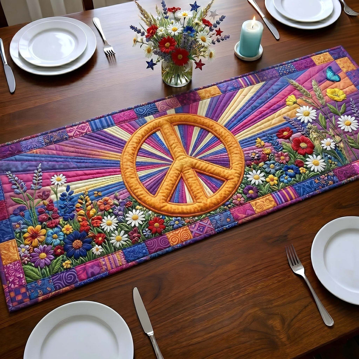Orange Peace Sign on Flowers Table Runner