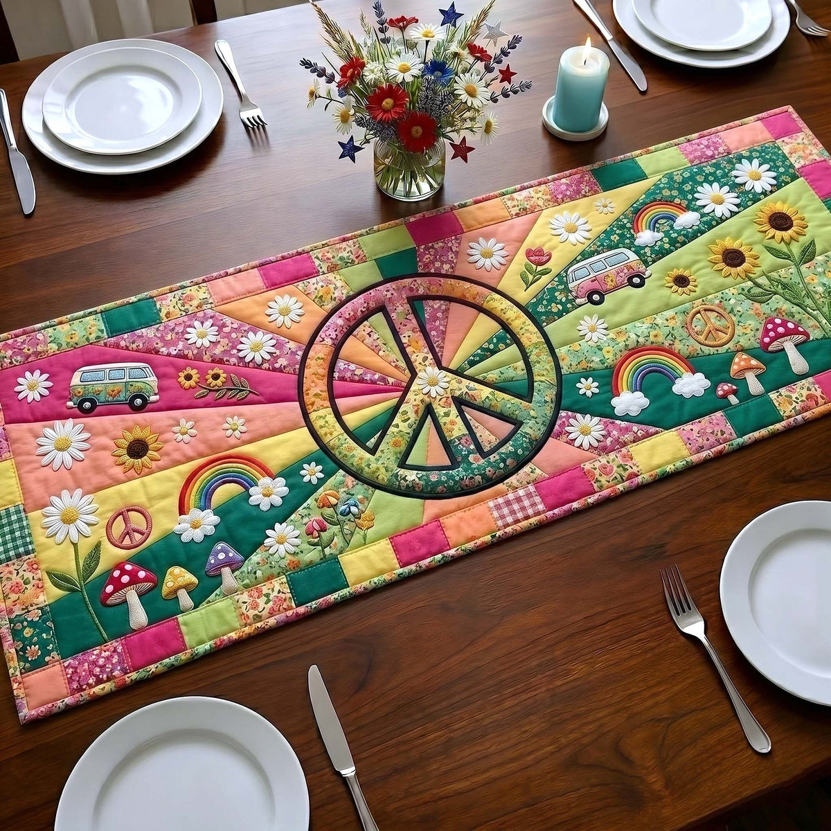 Peace Sign on Floral Patchwork Table Runner