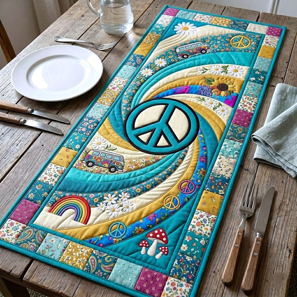 Peace Sign on Teal Swirls Table Runner