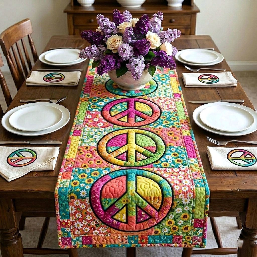 Peace Signs on Pink Floral Blocks Table Runner