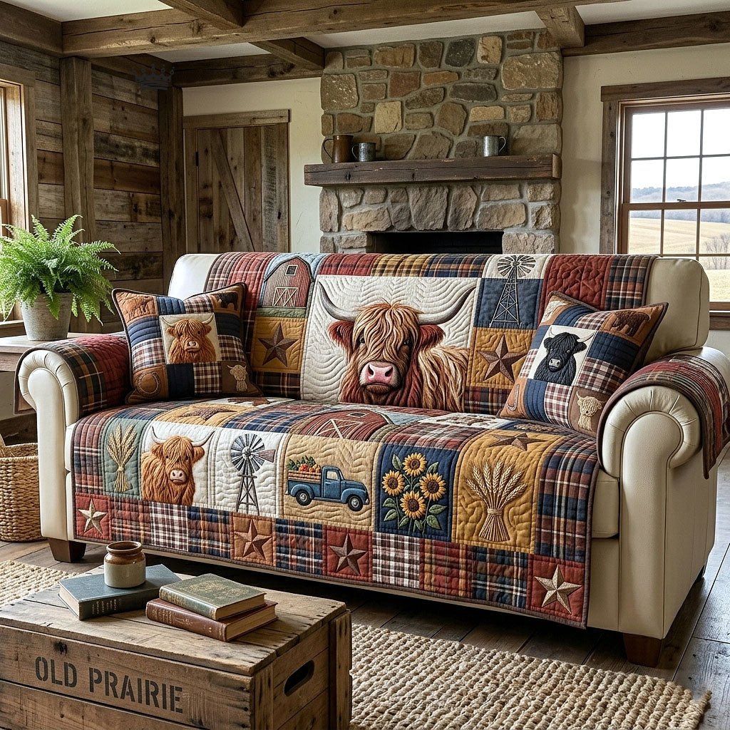 Highland Cows on Farm Plaid Patches Sofa Cover