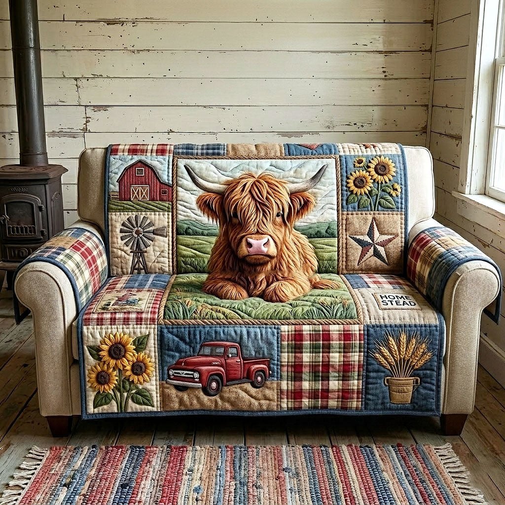 Highland Cow with Red Truck and Sunflowers Sofa Cover