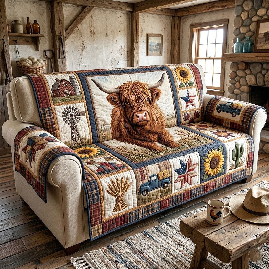 Highland Cow with Windmill and Sunflower Sofa Cover