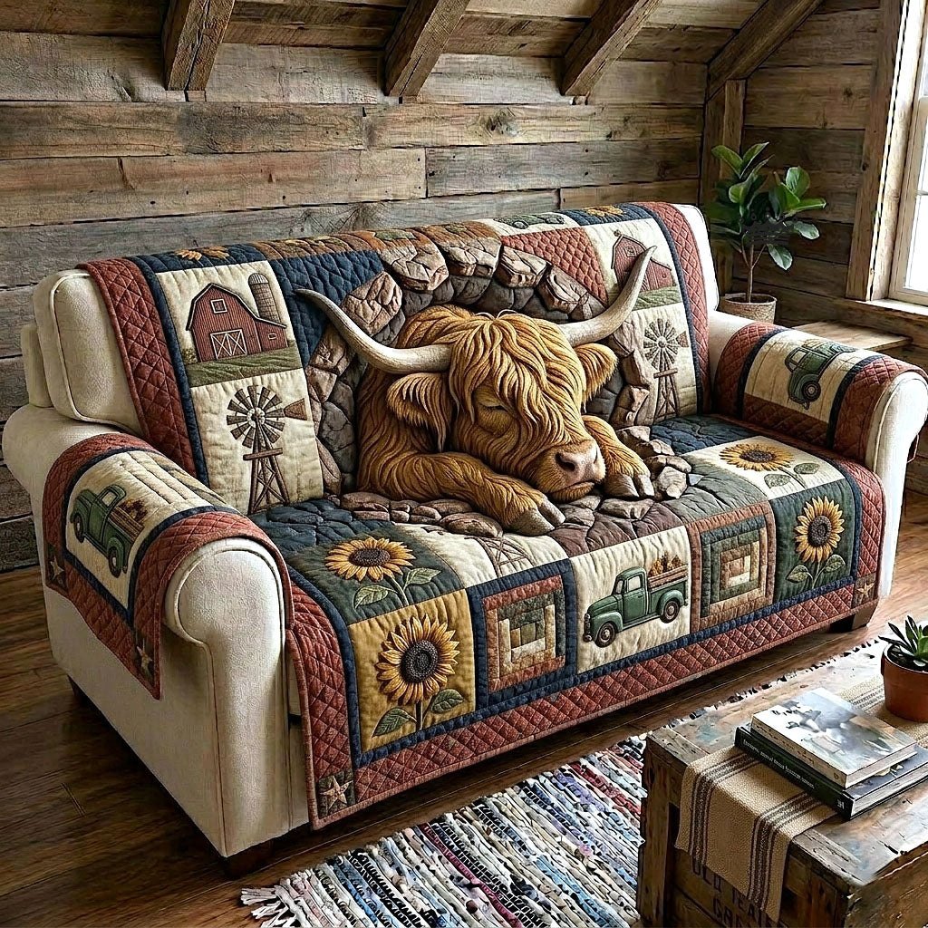 Highland Cow Resting Among Sunflowers Sofa Cover