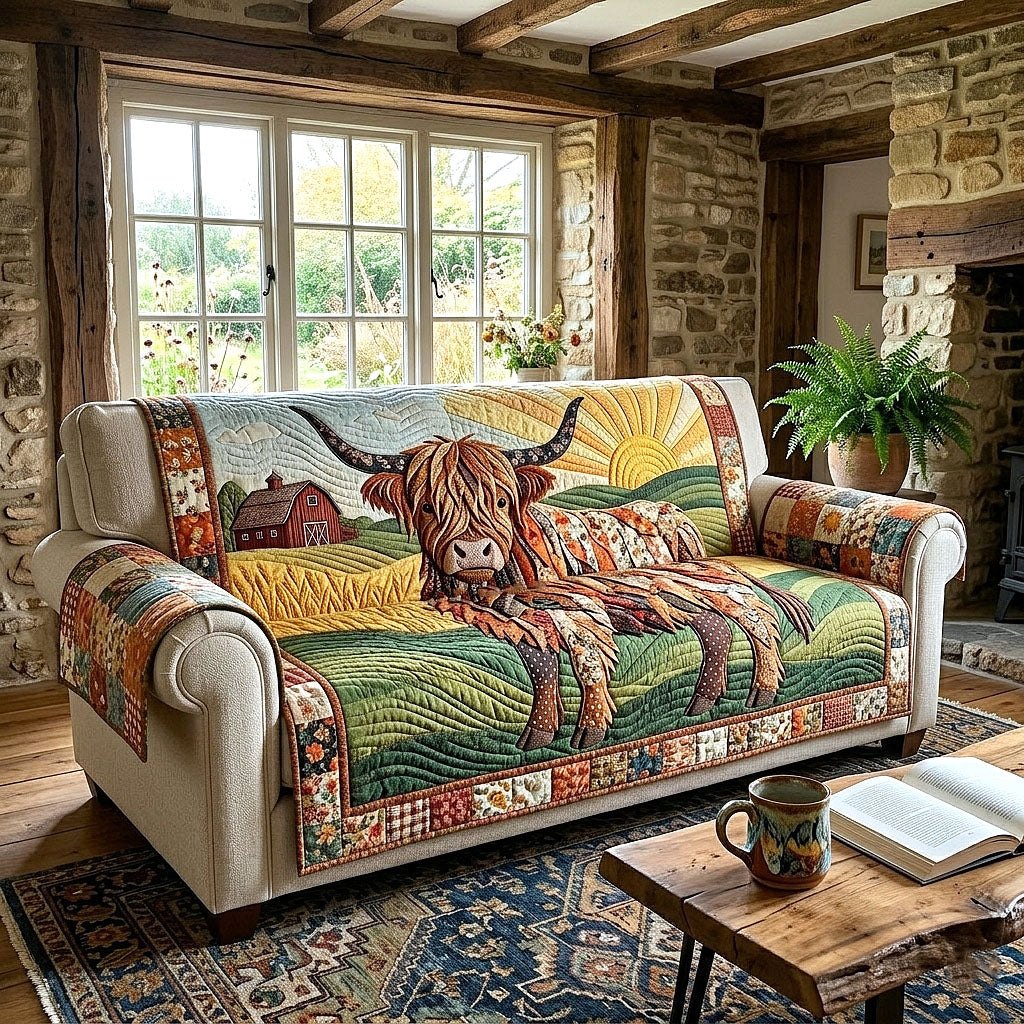 Highland Cow in the Sunrise Field Sofa Cover