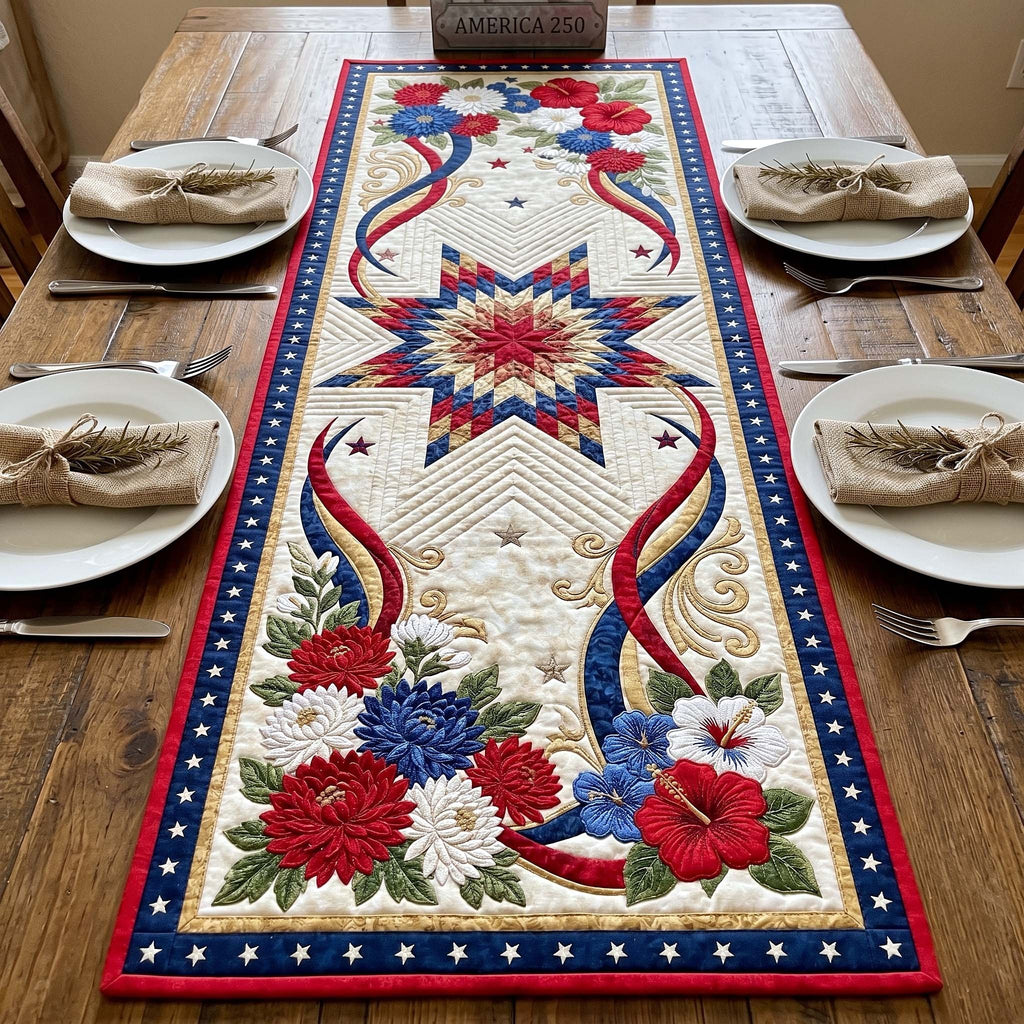 Patriotic Star with Flowers and Ribbons Table Runner