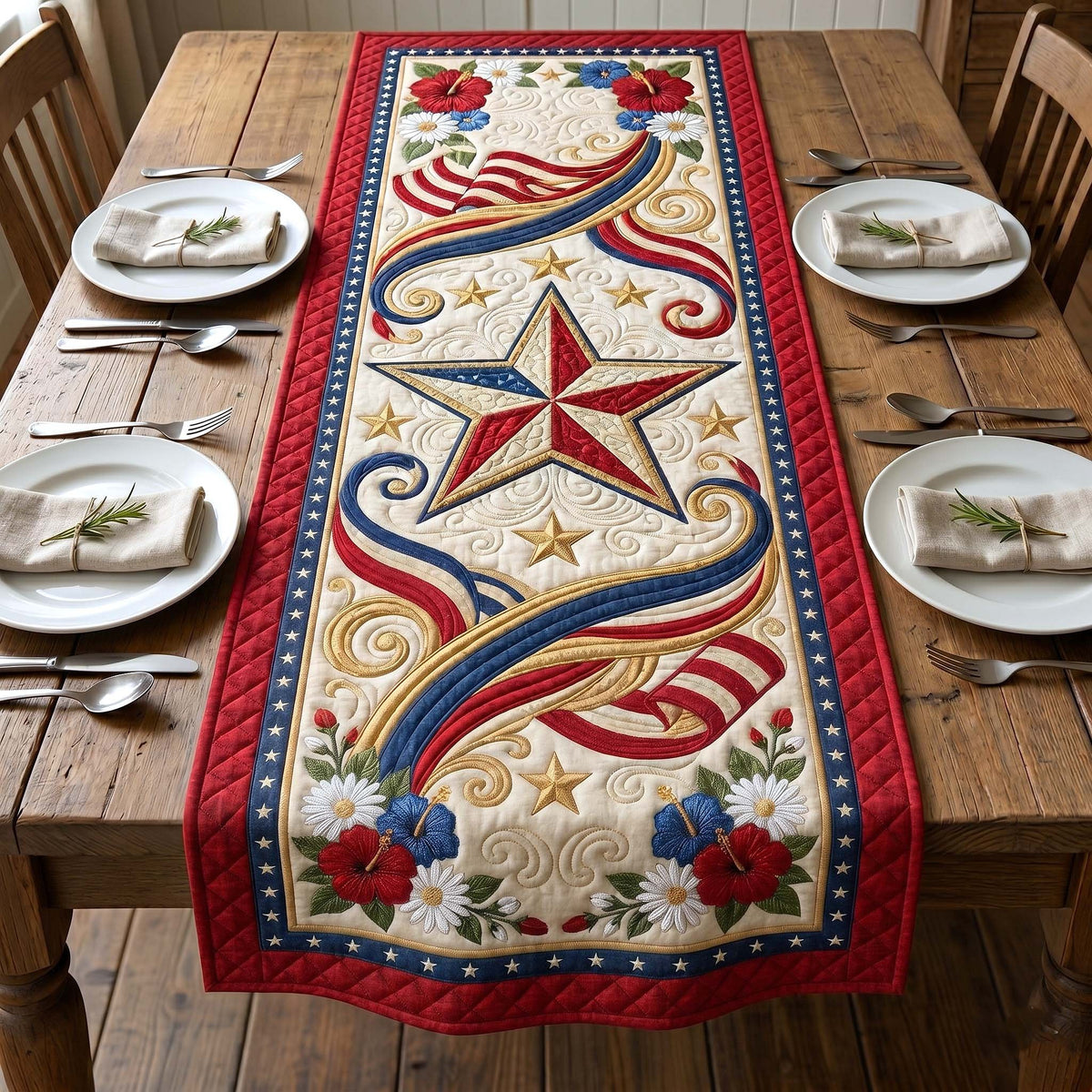 Golden Star on Red with Blossoms Table Runner