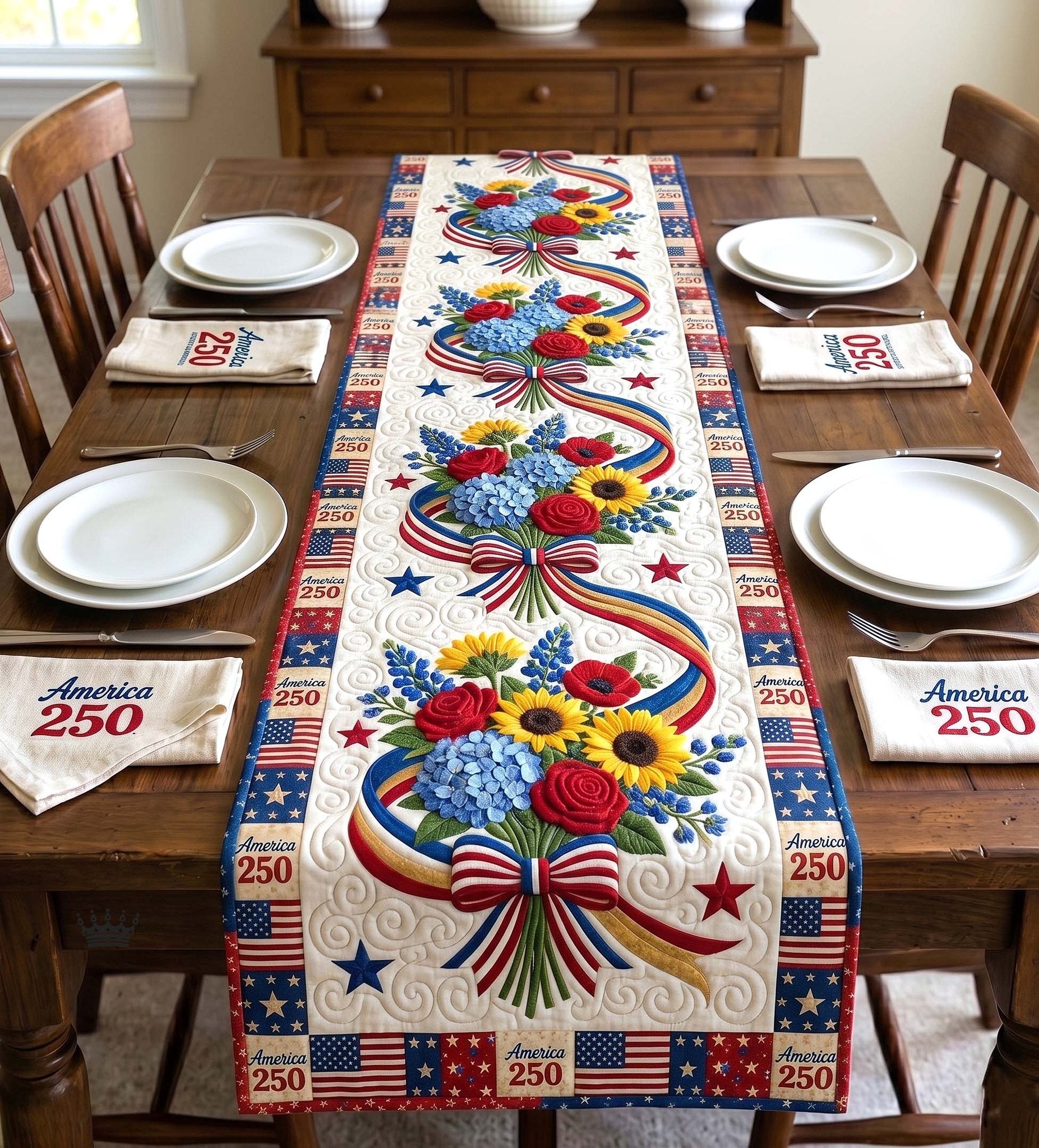 Patriotic Blooms with Flowing Ribbons Table Runner