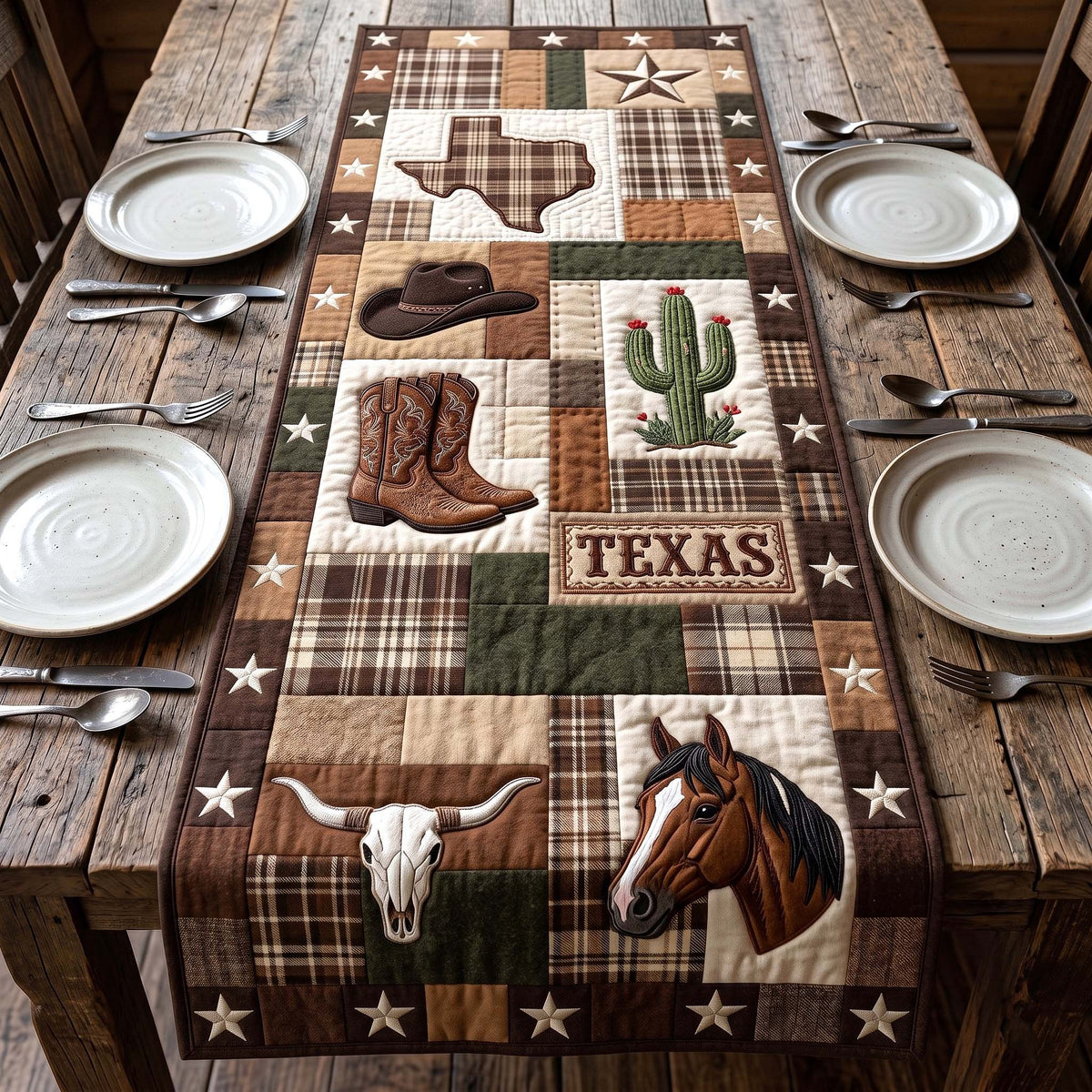 Texas Plaid Patchwork with Longhorn Table Runner