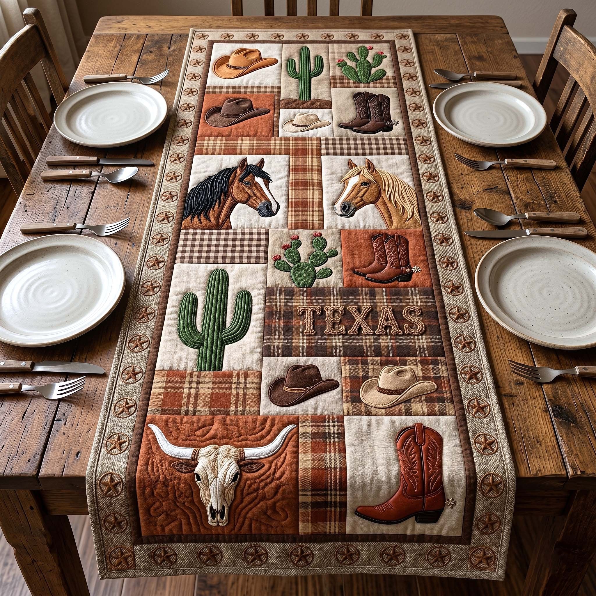 Texas Horses and Cactus Patchwork Table Runner