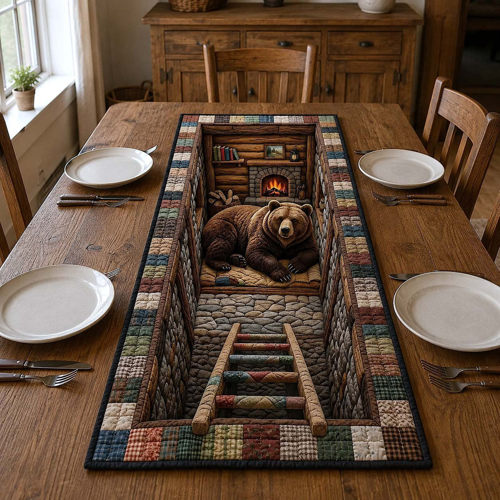 Bear Asleep by the Fireplace Table Runner