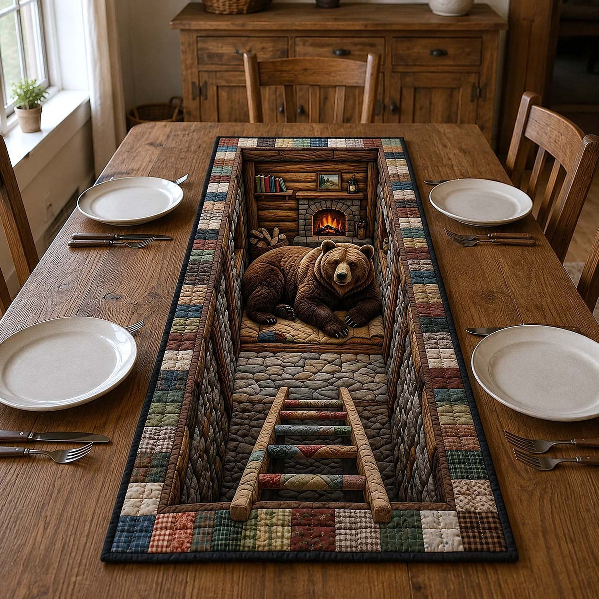 Bear Asleep by the Fireplace Table Runner