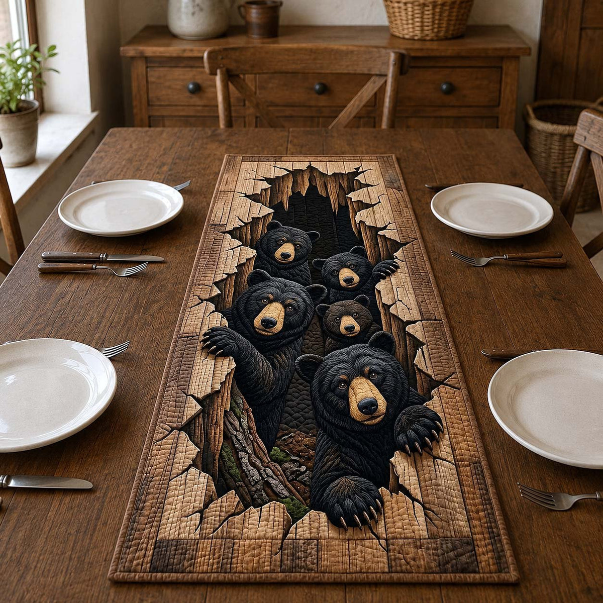 Bears Breaking Through the Wood Table Runner