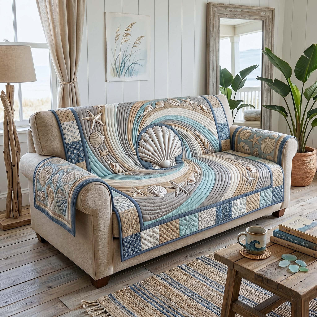 Seashell in the Swirling Blue Wave Sofa Cover