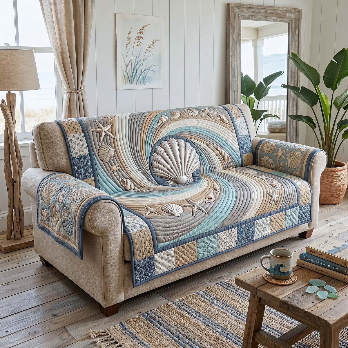 Seashell in the Swirling Blue Wave Sofa Cover