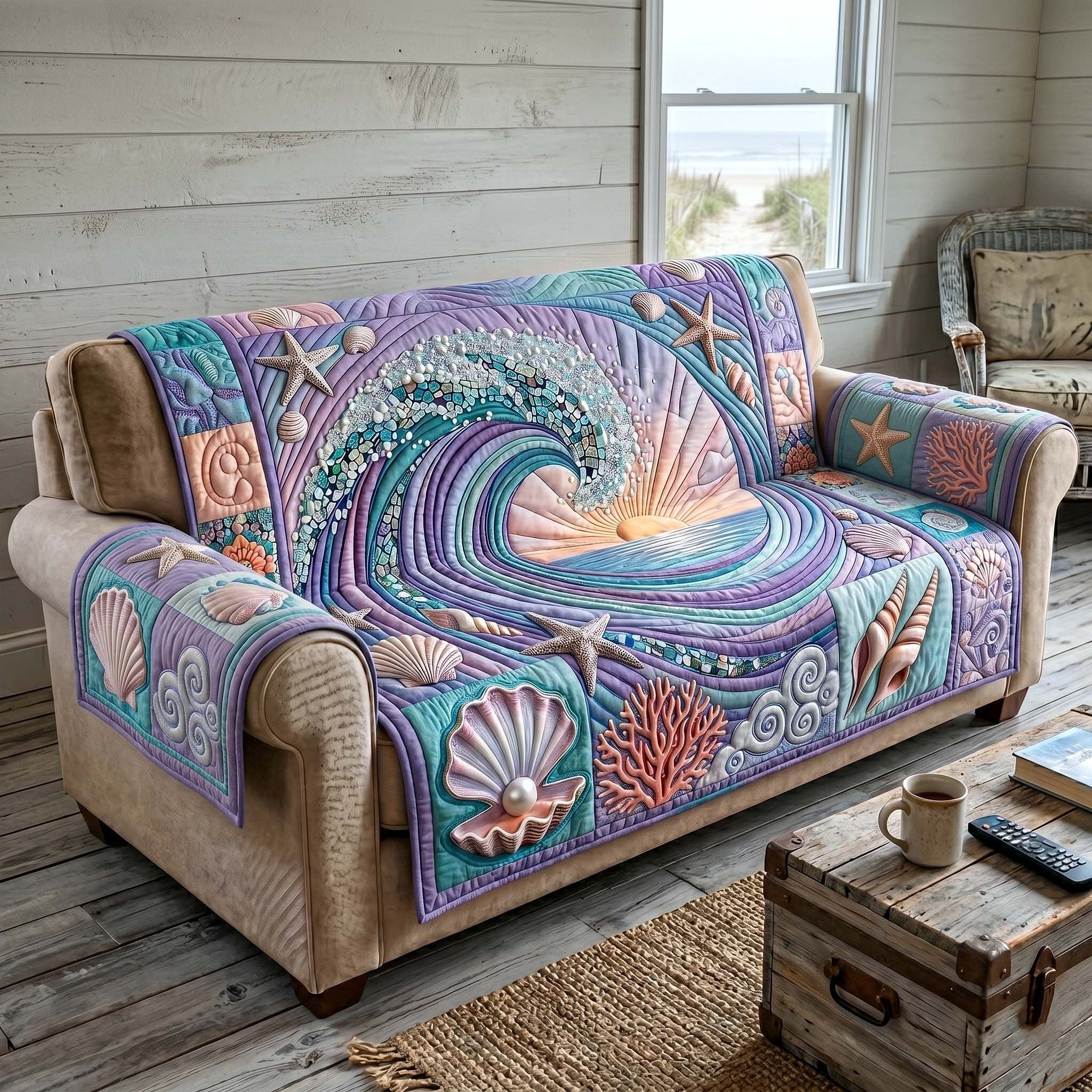 Purple Wave and Seashells Sofa Cover