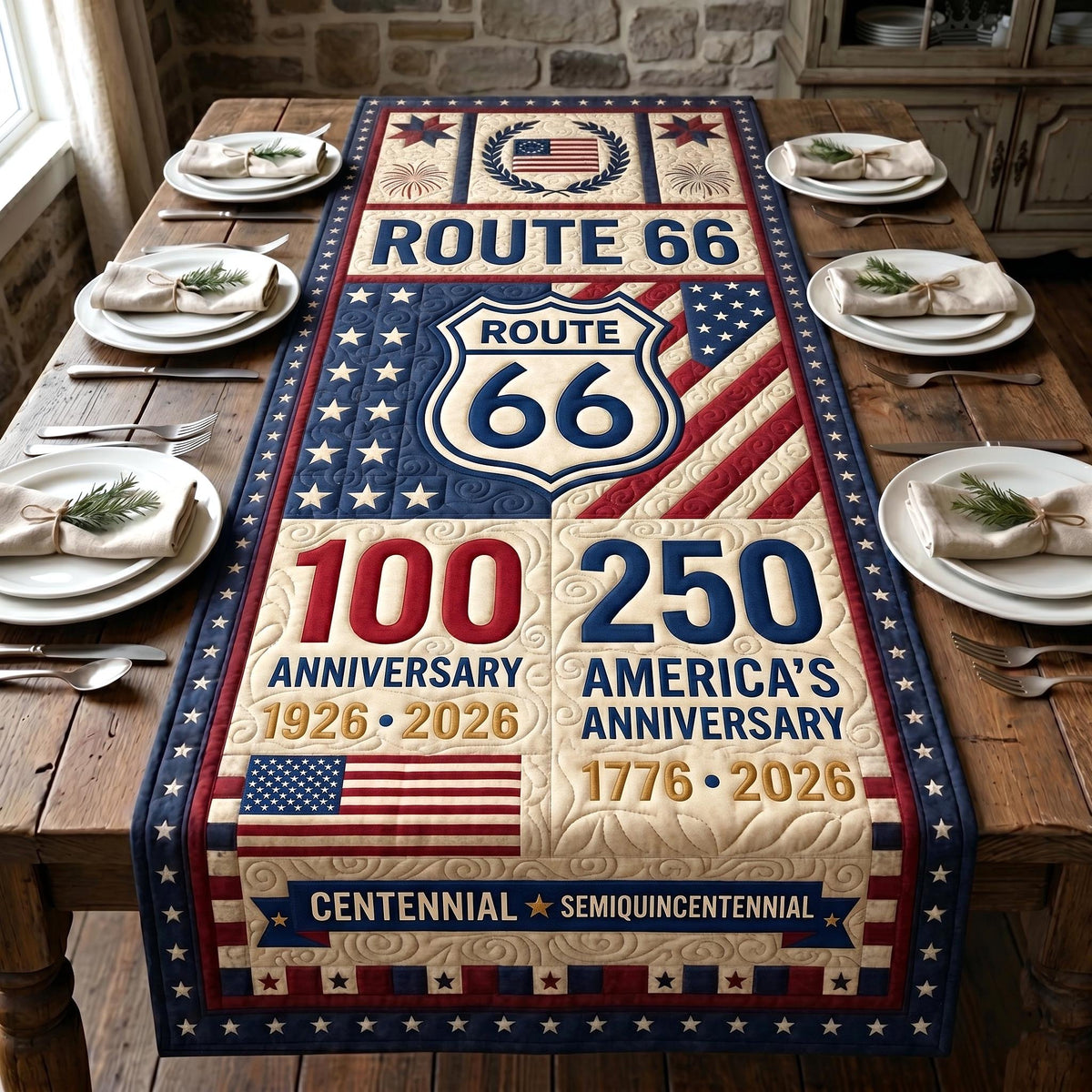 Route 66 Centennial and Semiquincentennial Table Runner