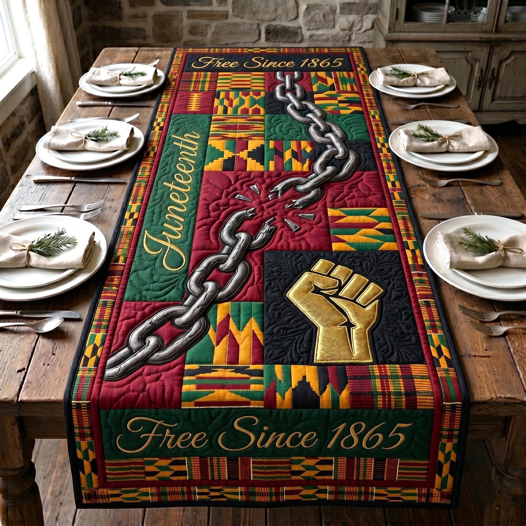 Juneteenth Free Since 1865 with Kente Table Runner