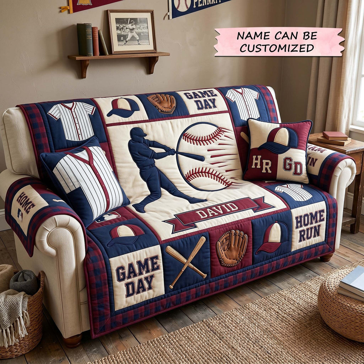 David Game Day Batter in Navy Plaid Sofa Cover