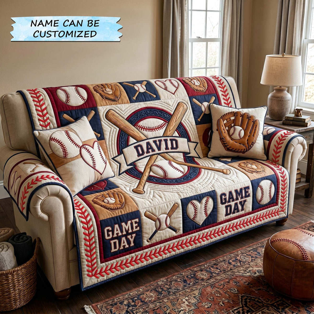 David Game Day Bats and Mitt in Cream Sofa Cover