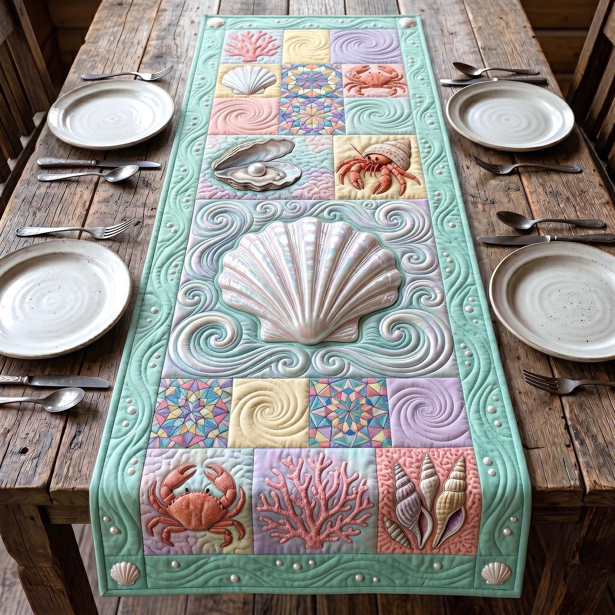 Scallop Shell with Crabs and Coral Table Runner