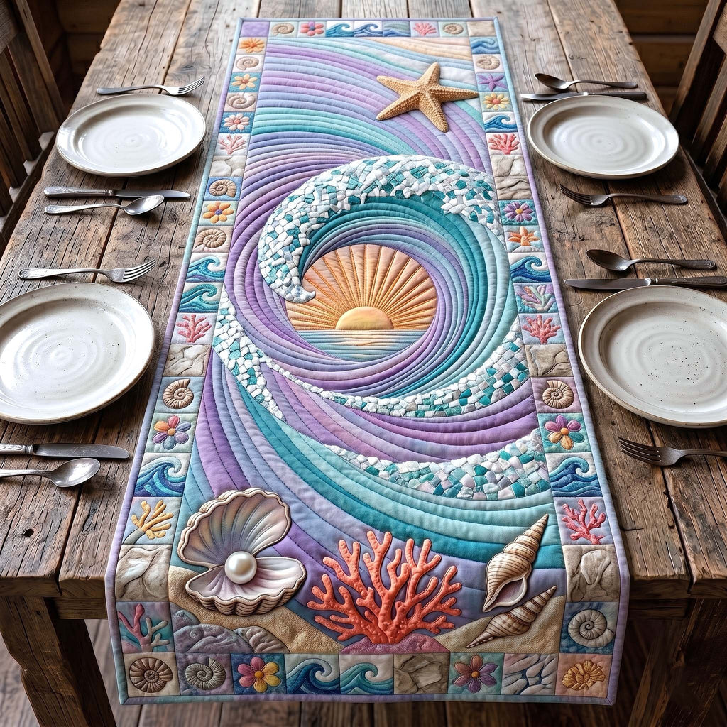 Shell in a Swirling Purple Wave Table Runner