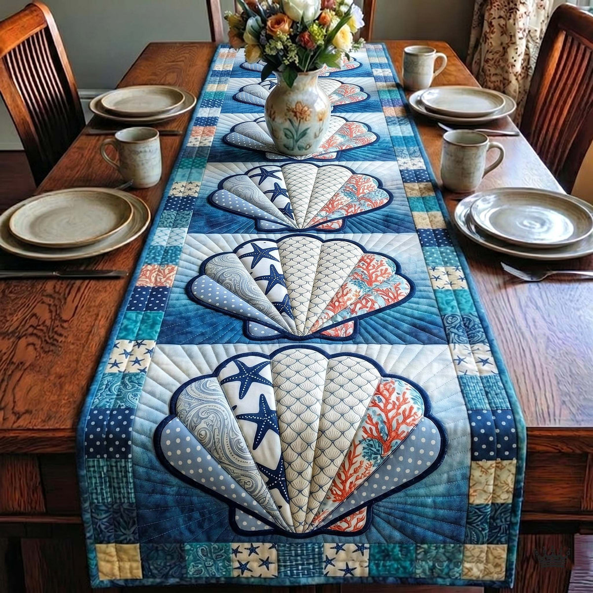 Blue Clam Shells with Starfish Table Runner