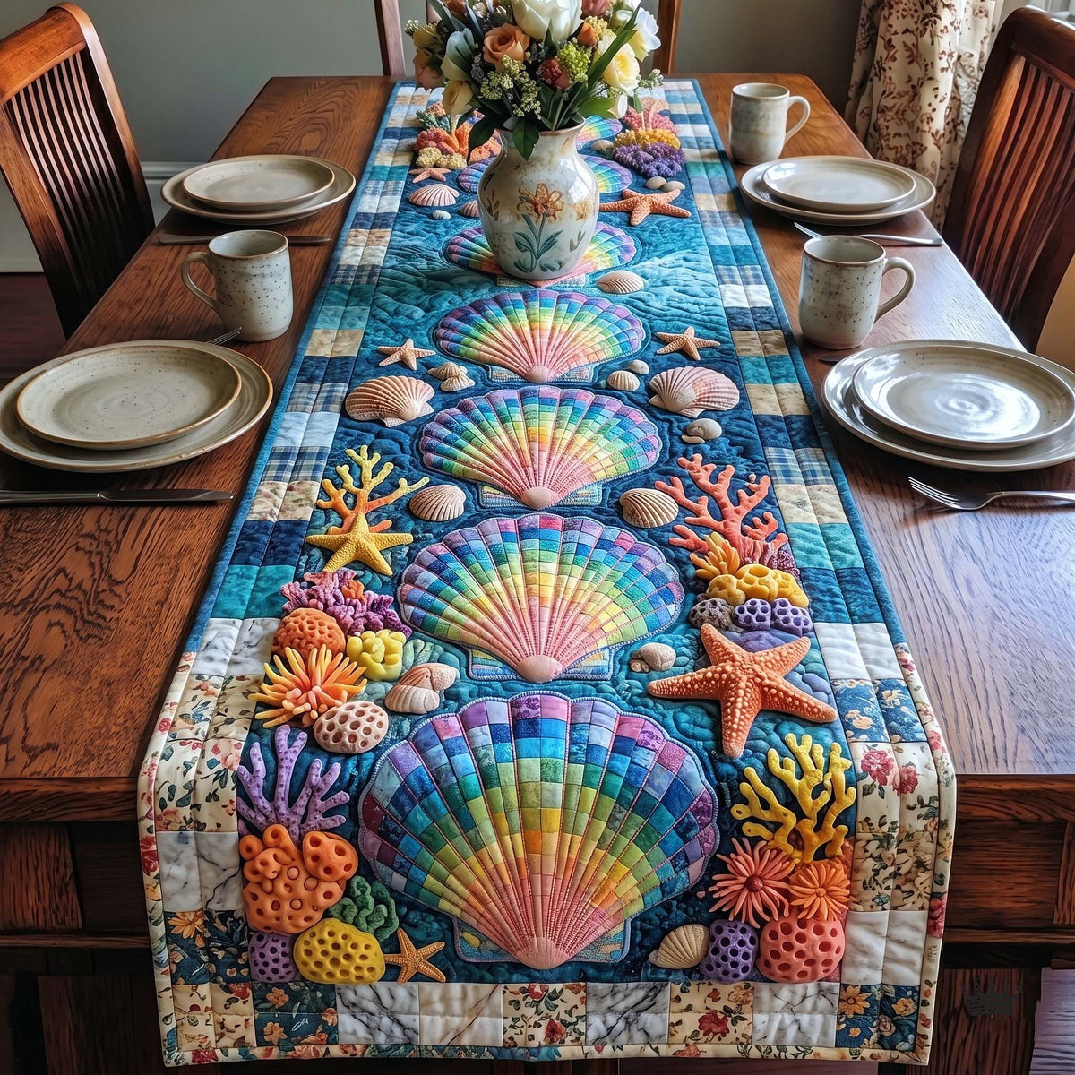 Rainbow Shells with Coral and Starfish Table Runner