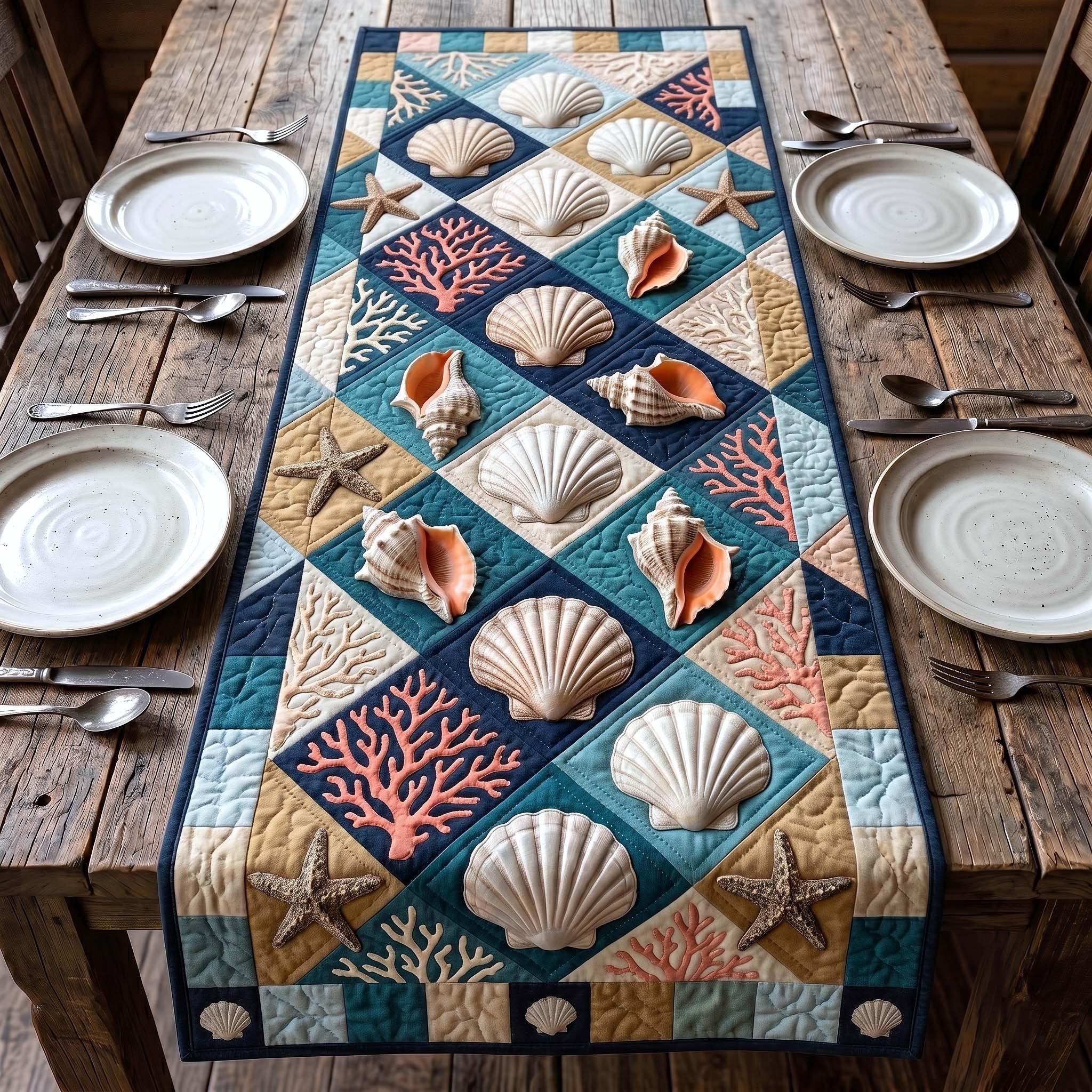 Shell Diamonds on Teal Blocks Table Runner