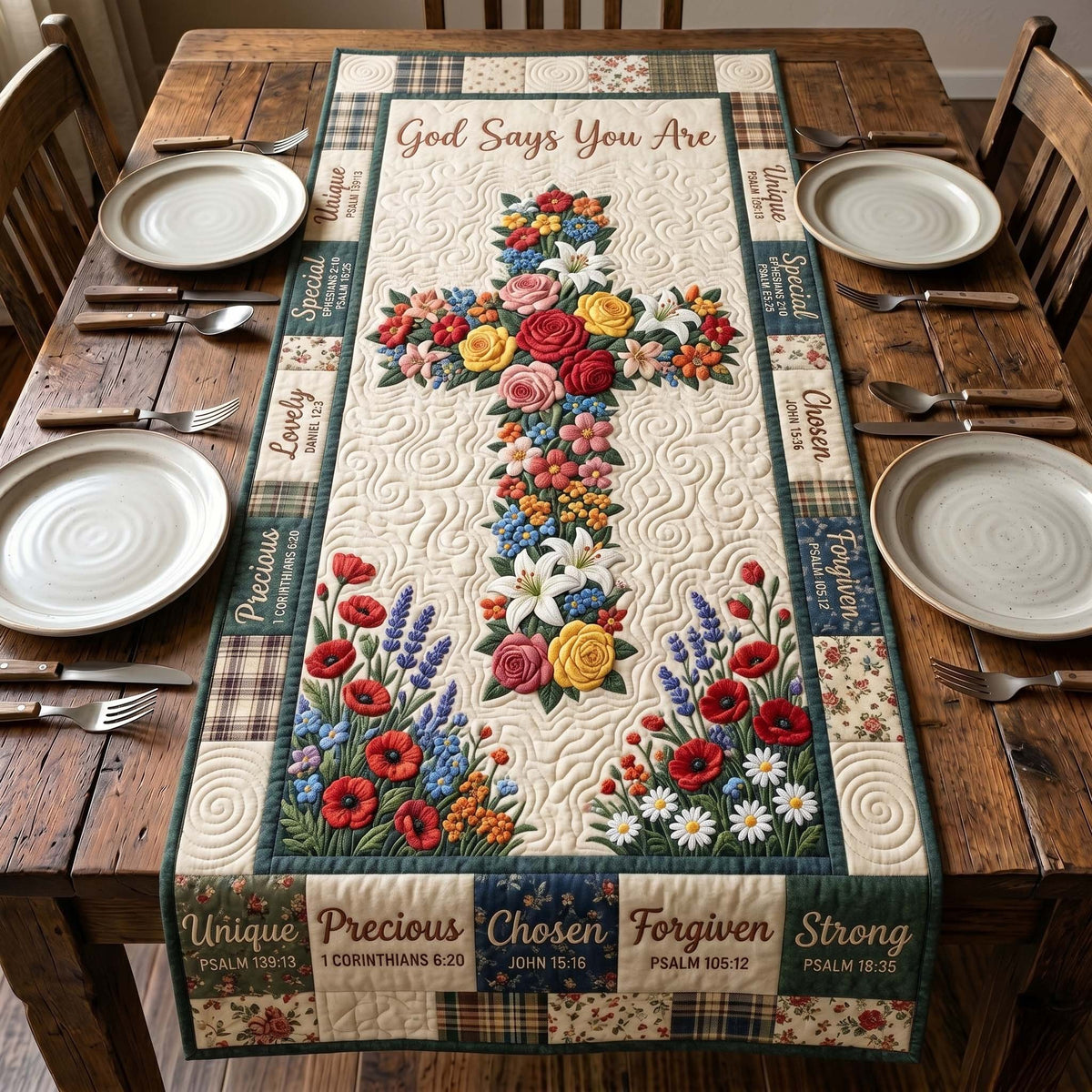 Floral Cross with Faith Words Table Runner