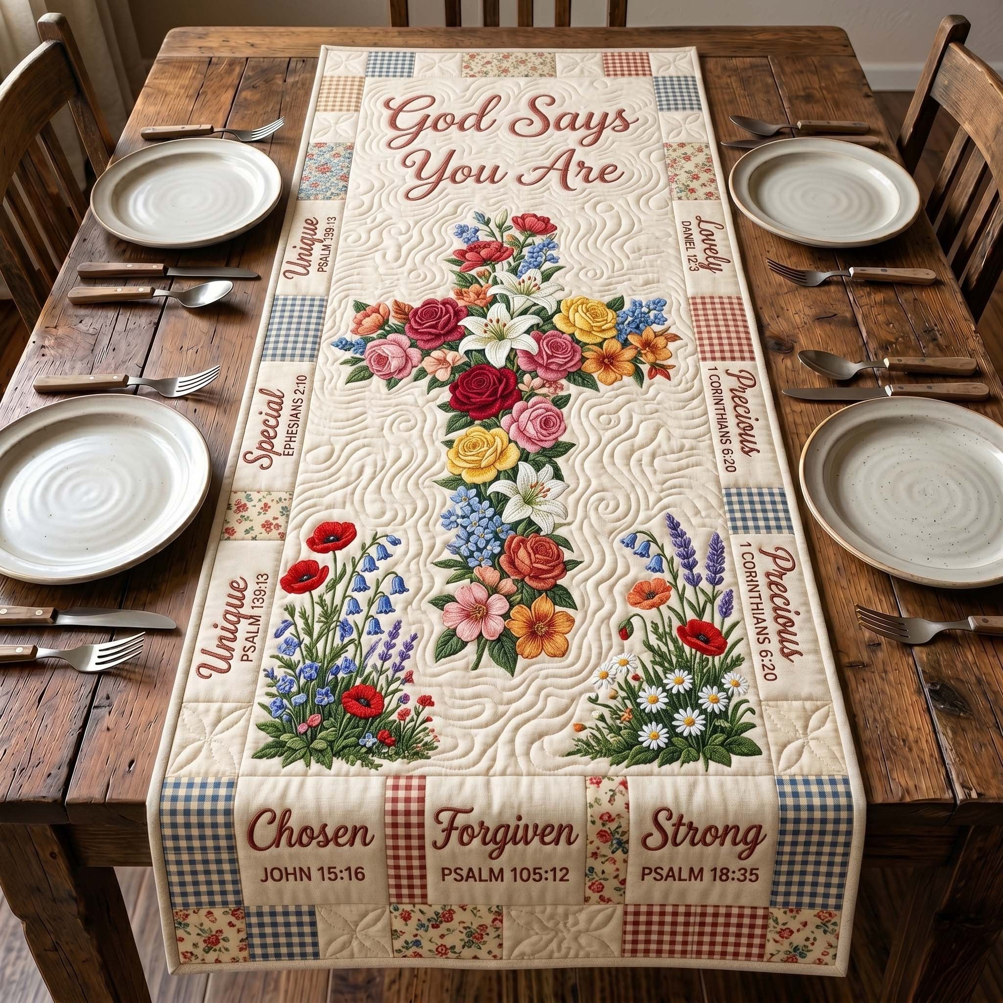 Chosen Forgiven Strong Floral Cross Table Runner