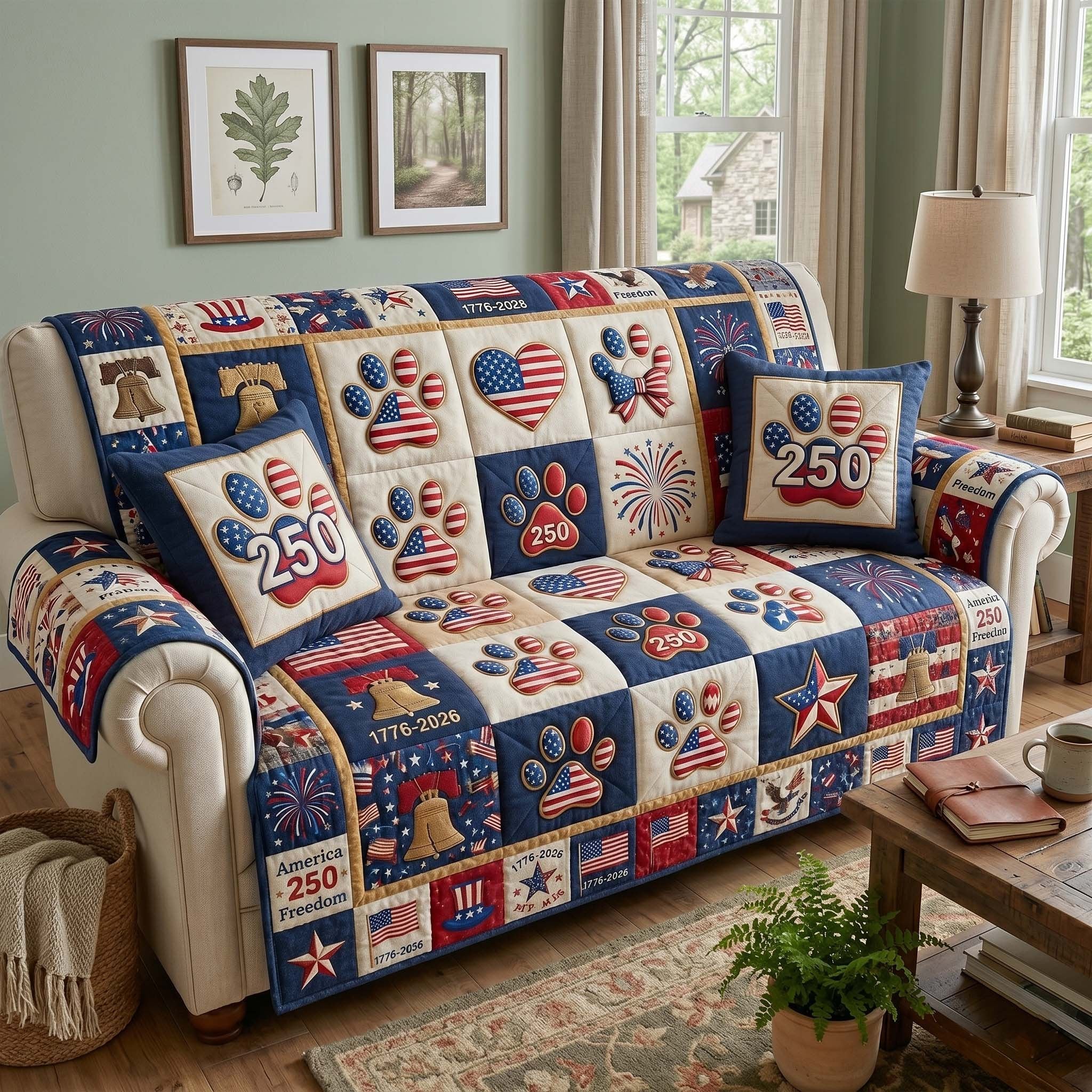 Paw Prints and 250 on Navy Patches Sofa Cover
