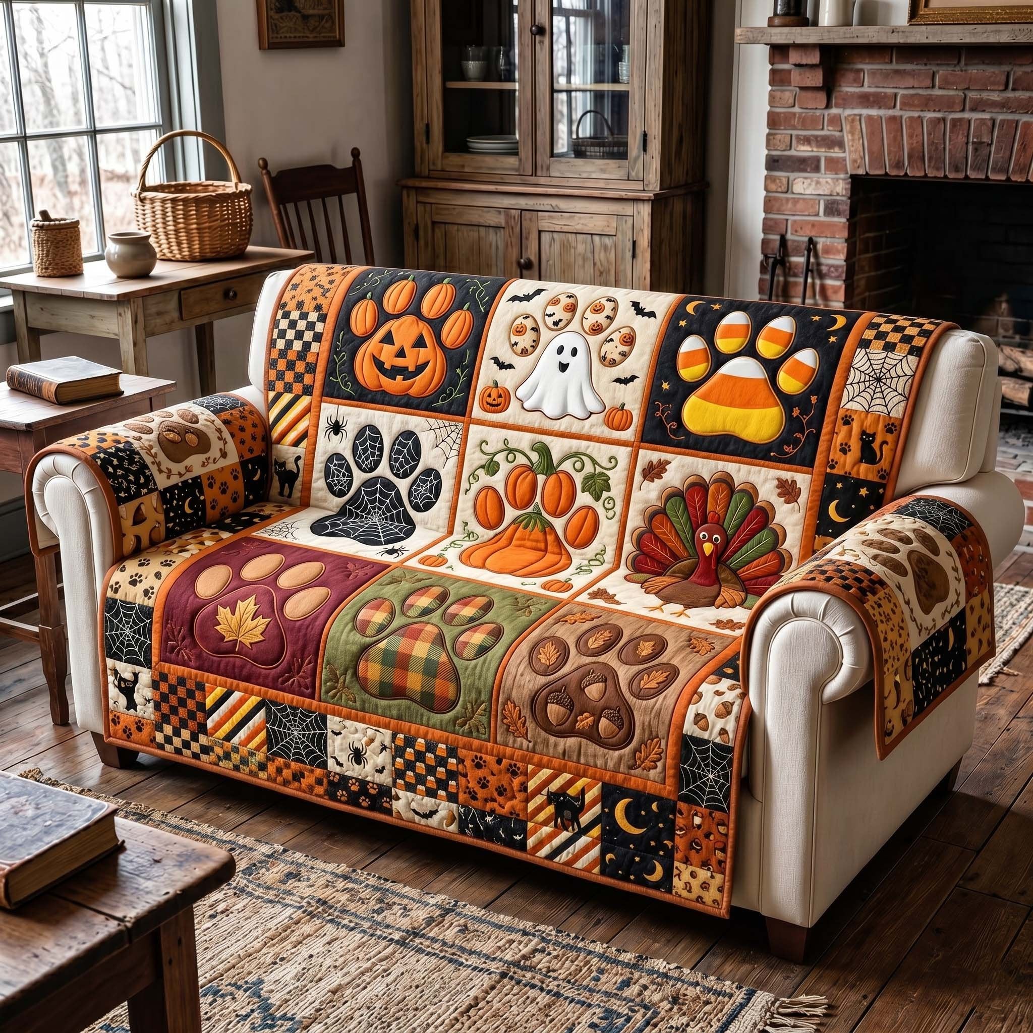 Halloween Paw Prints Pumpkins and Ghosts Sofa Cover