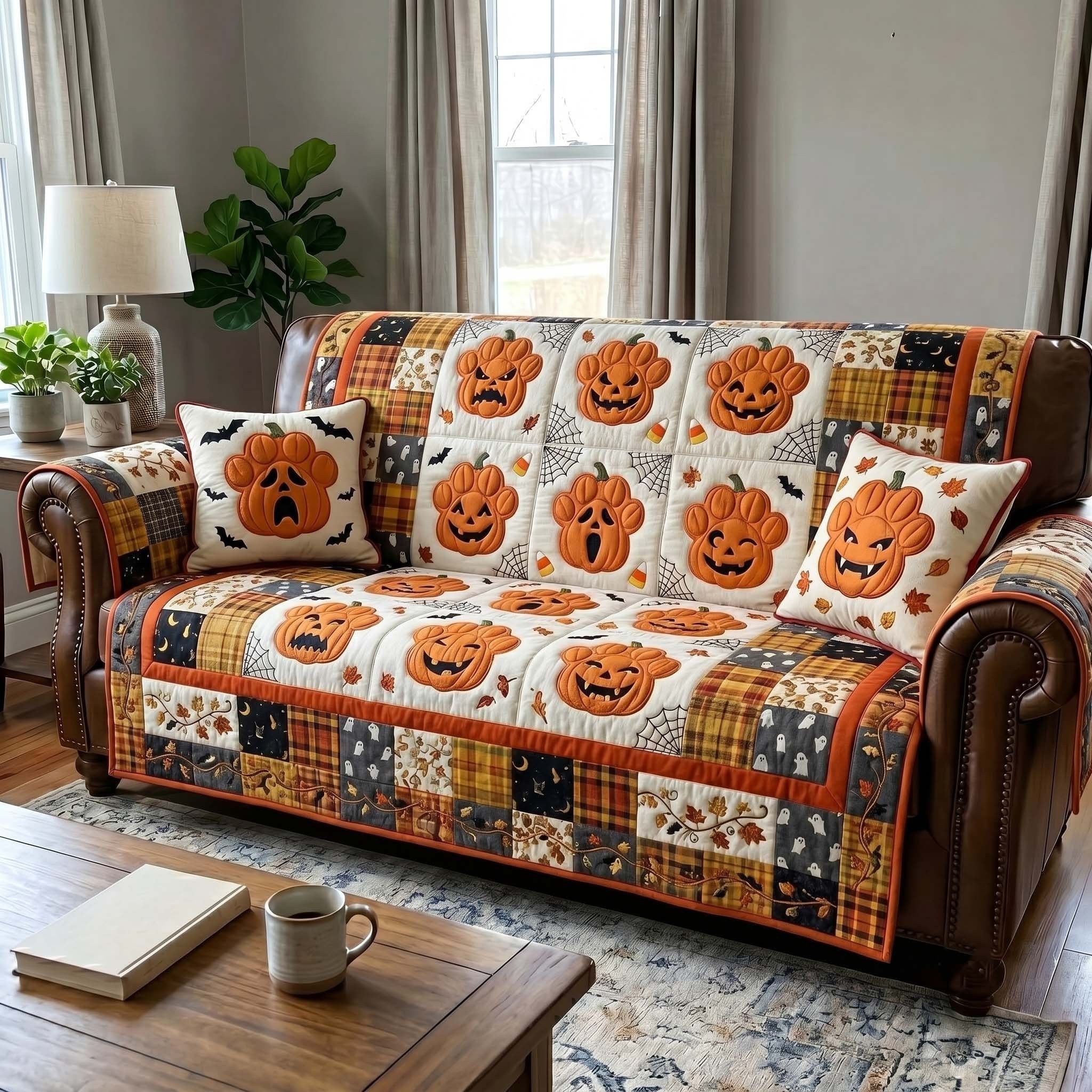 Pumpkins and Paw Prints on Plaid Sofa Cover