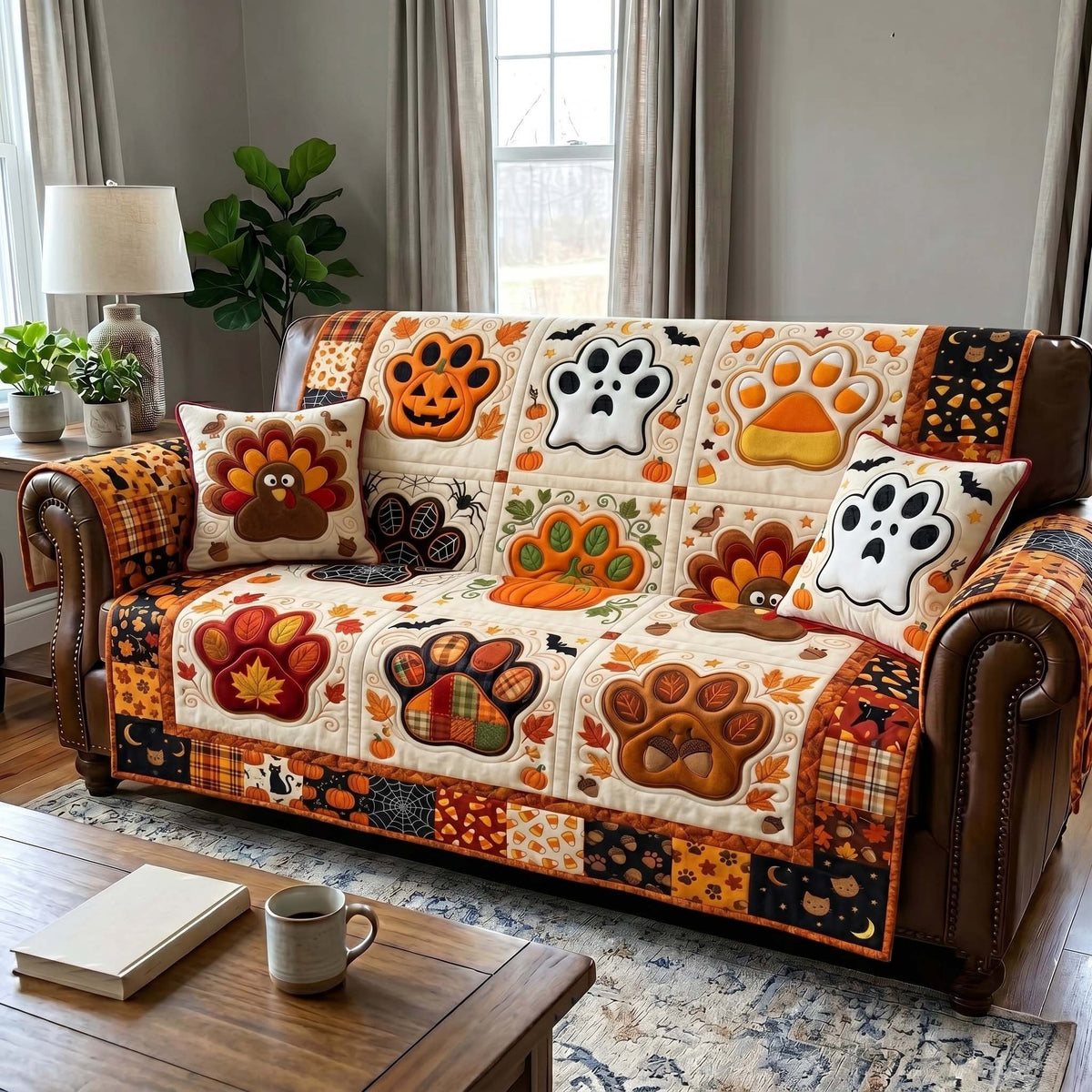 Paw Prints with Ghosts and Turkey Sofa Cover
