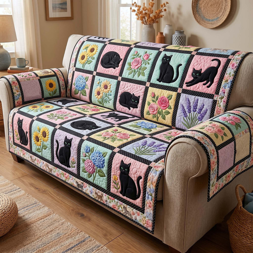 Black Cats Among Pastel Flowers Sofa Cover