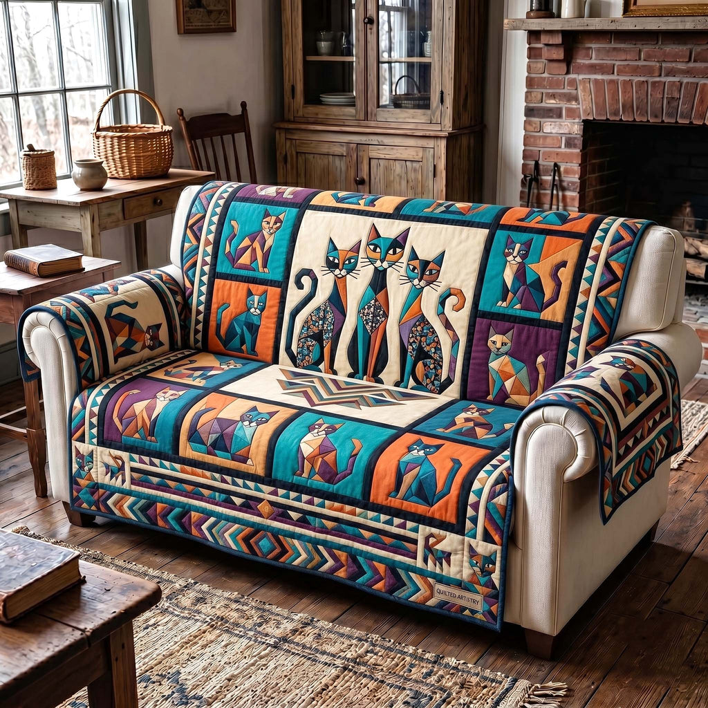 Cats on Teal and Orange Patches Sofa Cover