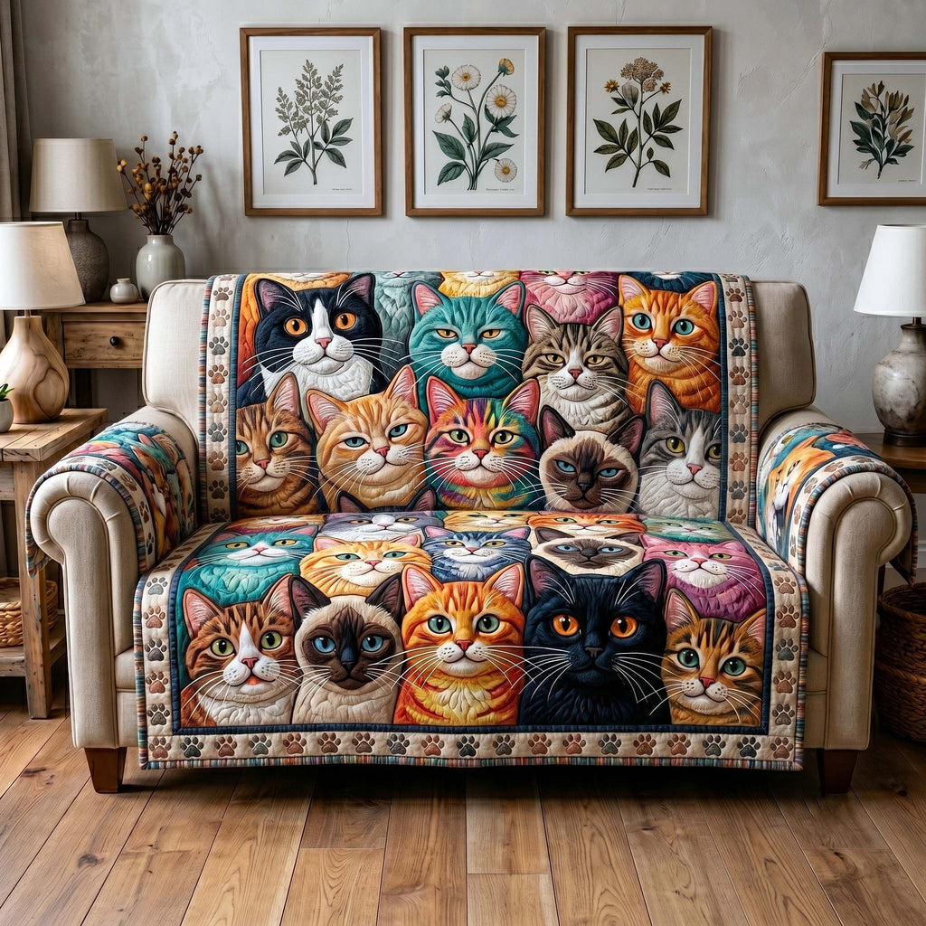 Cat Faces on Bright Patchwork Sofa Cover