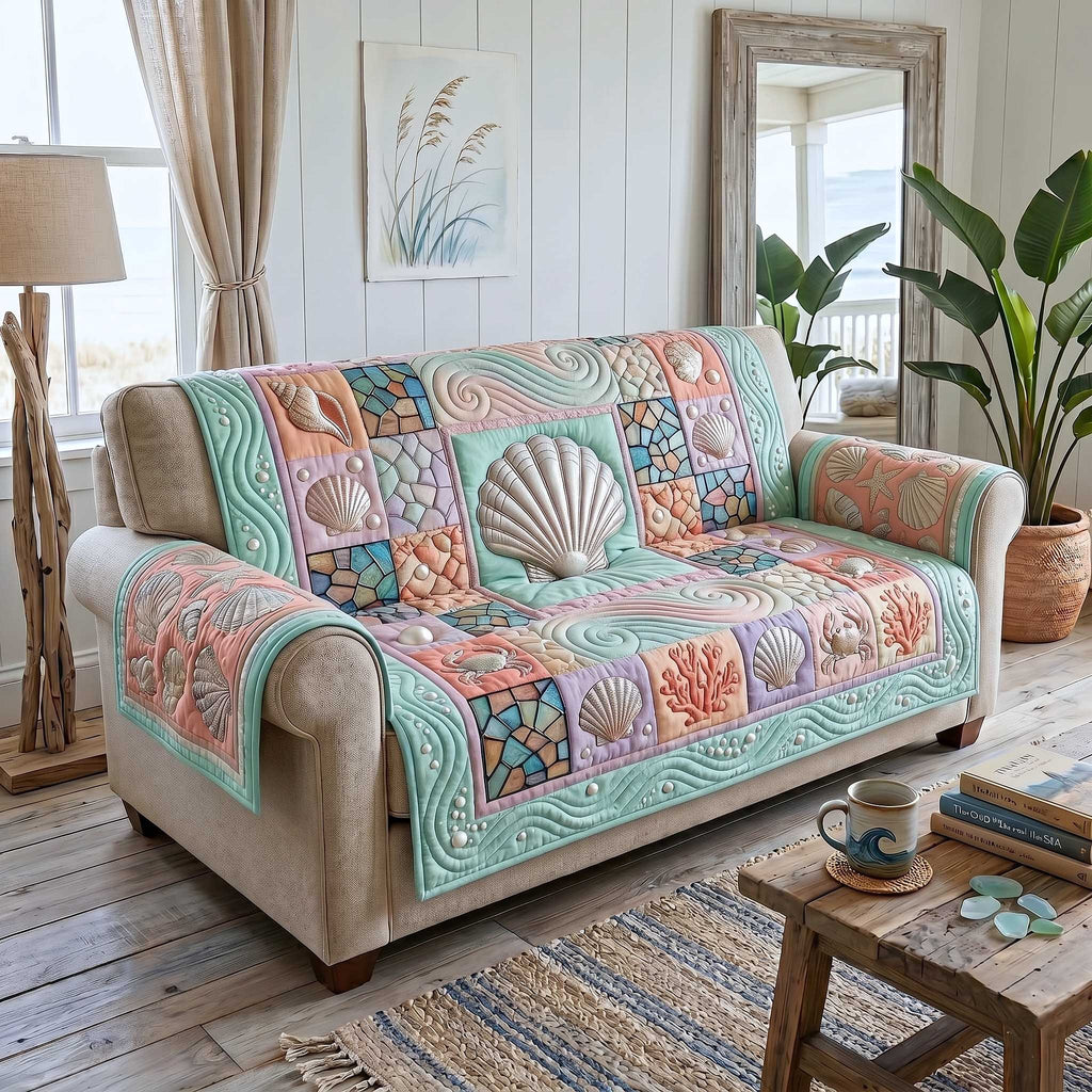 Seashells on Pastel Patchwork Sofa Cover