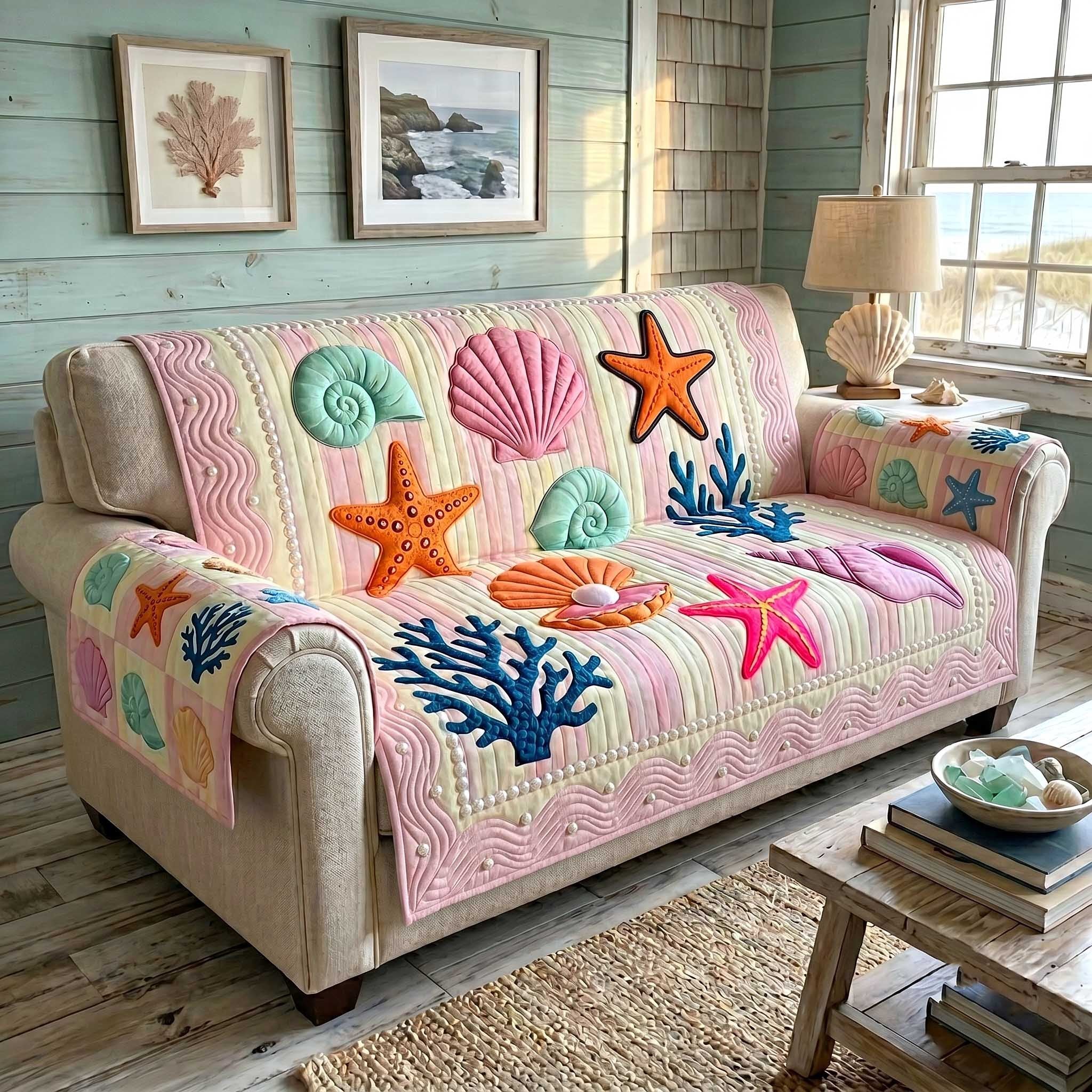 Starfish and Coral on Pink Sofa Cover